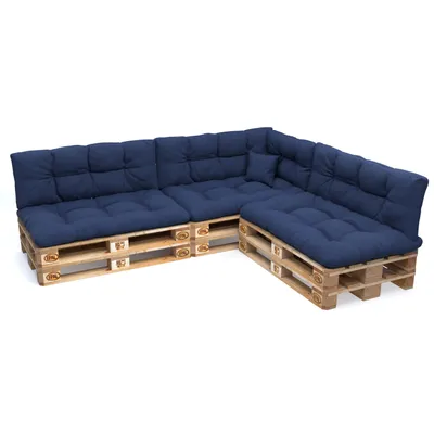 A sectional sofa made of wooden pallets with dark blue cushions, shown against a white background.