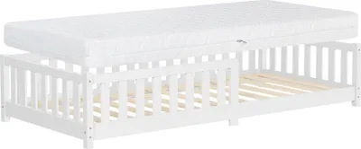 Obrázok produktu pre ML-Design detská posteľ 90x200 cm biela Podlahová posteľ pre deti s lamelovým roštom a ochranou proti vypadnutiu Matrac pre mládež z masívneho borovicového dreva Rám postele