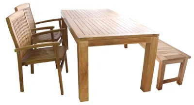Produktbild von 4-tlg. Teakholz Garnitur Esstisch 180x90x75cm + 1 Teakholz Bank + 2 Stapelsessel