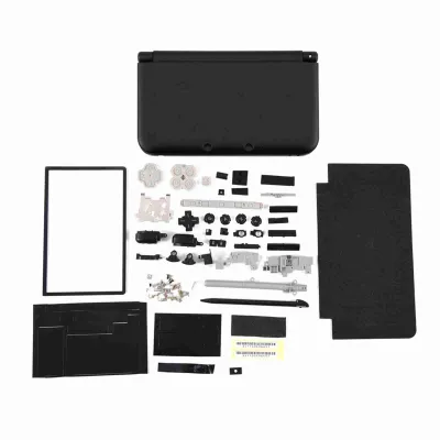 A collection of replacement parts for a Nintendo 3DS XL, including the console shell, buttons, screws, and other internal components, laid out on a white background.