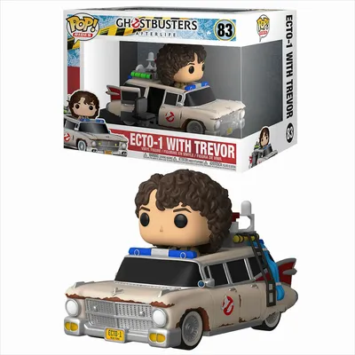 A Funko Pop! Ecto-1 vehicle with a Trevor figurine from Ghostbusters: Afterlife, shown both in its packaging and out of the box.