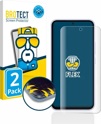 The image shows the packaging of a screen protector for a smartphone, along with a representation of the screen protector applied to a phone.
