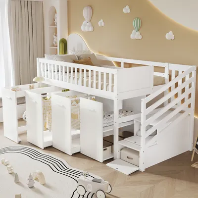 Produktbild von okwish Etagenbett,Kinderbett,90x200cm Multifunktionsbett, mit Fallschutz und Gitter, Mit Schreibtisch/Kleiderschrank, mit 2 Schließfächer in der Treppe, Weiß,mit Matratze