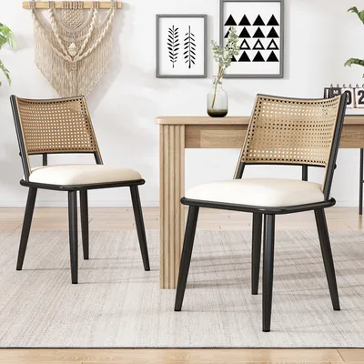 Produktbild von MODFU Esszimmerstühle Polsterstuhl(2er Set)mit holzbein, Wohnzimmerstuhl Küchenstuhl mit Rattan-Rückenlehne, Stuhl Essstuhl Küche für Wohnzimmer, Schwarz