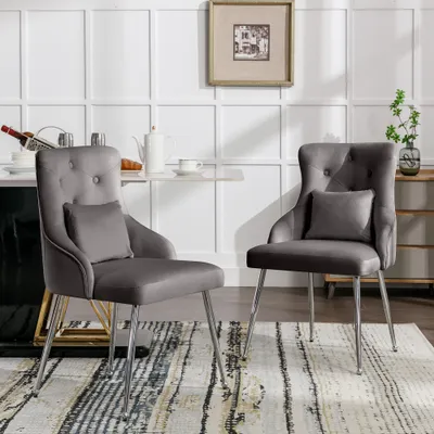Produktbild von Esszimmerstuhl 4er Set Knopfmuster mit Lendenkissen grau Gepolsterter Sessel Stš¹hle Metallbeinen Moderner Loungesessel Schlafzimmer-Wohnzimmerstuhl