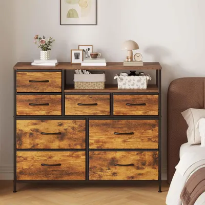 Produktbild von Stoffkommode mit 8 Schubladen & Offenem Regal, Vintage Kommode mit Stoffschubladen, Sideboard Schrank für Schlafzimmer & Flur, 100x30x83,5 cm