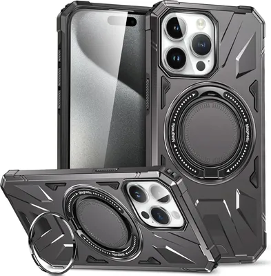 Produktbild von Hülle für iPhone 15 Plus Kompatibel mit MagSafe, Dual Layer Robuste Schutzhülle, Magnetischer Ringständer Grau