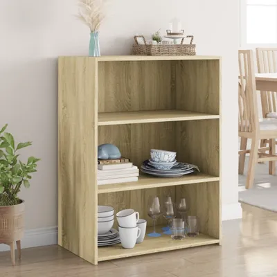 A wooden bookshelf with various items on its shelves, including books, bowls, cups, and glasses. A plant is visible to the left of the bookshelf.