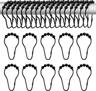 Productafbeelding van Unyqoos® Set van 40 zwarte douchegordijnringen van ijzer, 7 x 3,5 cm, met 5 glijballen – gemakkelijk te verplaatsen voor douche- en kledingstangen
