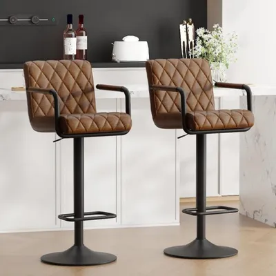 Productafbeelding van Barstoelen, set van 2, in hoogte verstelbaar, 360° draaibaar, met armleuningen, rugleuning en voetsteun, bekleed met Polyurethanleer, bruinbeige kleur