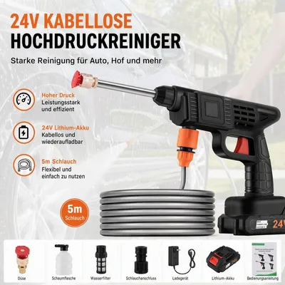 Produktbild von Kabellose Hochdruck‑Reinigungspistole 24V 6000mAh Akkus 5 m PVC‑Schlauch Auto