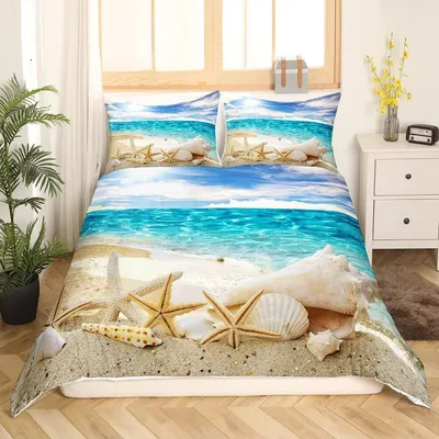 Zdjęcie produktu dla Komplet pościeli z motywem plaży i oceanu, 135x200 cm, zawiera 1 poszewkę na poduszkę 80x80 cm, wielokolorowy