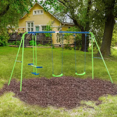 Produktbild von Schaukelgestell 3-in-1 mit 2 Schaukeln und Wippe, Kinderschaukel Metallgestell wetterfest, Grün | 280 x 140 x 178 cm | höhenverstellbar | bis 4 Kinder
