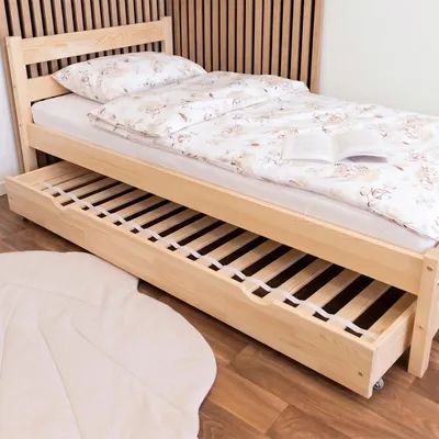 Produktbild von MEBLE WRÓBEL Kinderbett 90x180 cm mit Auszugbett und Lattenrost - Einzelbett aus Kiefer Massivholz - Kinder Bett Montessori – Jugendbett - ohne Matratze