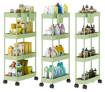 Produktbild von 4-stöckiger Aufbewahrungswagen mit Rollen, platzsparend, schmal, mobiler Badwagen, minimalistischer Multifunktionswagen für Bad und Küche, grün