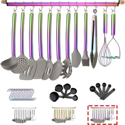 Produktbild von 38-teiliges Silikon-Kochgeschirr-Set mit Utensilienablage, Regenbogen-Edelstahlgriff