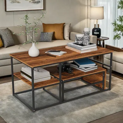 Image de ProximaX lot de 2 tables basses rectangulaires, table de salon design industriel, tables d'appoint avec rangement, table basse aspect marbre, table moderne pour le salon