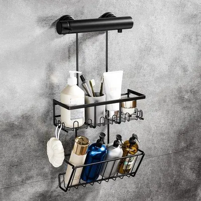 Produktbild von Famanu Duschregal ohne Bohren - hängender Badezimmerorganizer aus Edelstahl (schwarz)
