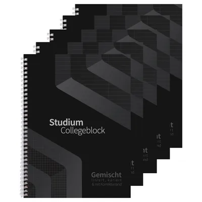 Produktbild von Collegeblock Studium DUO - 5 Stück - kariert und liniert - schwarz - DIN A4 - 80 Blatt - 2in1 - 80g Volumenpapier - gelocht - perforiert