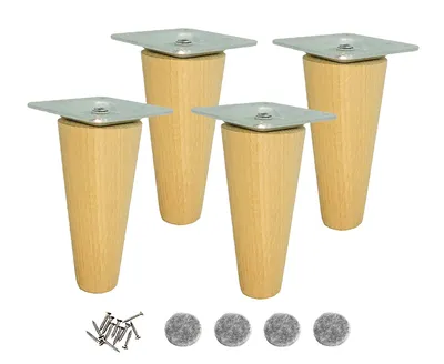 Four wooden furniture legs with metal mounting plates, along with screws and felt pads, are displayed against a white background.