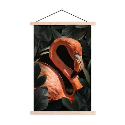 Produktbild von MuchoWow® Textilposter Flamingo - Porträt - Blätter 60x90 cm mit holzfarbenen Rahmen - Textil