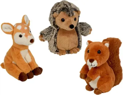 Three plush toy animals: a deer, a hedgehog, and a squirrel, are arranged on a white background.