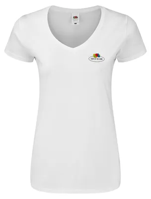 Produktbild von Fruit of the Loom Ladies Iconic 150 V-Neck T-Shirt mit Vintage-Logo auf der Brust Farbe: weiß - Vintage-Logo klein Größe: S