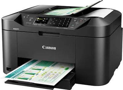 A black Canon MAXIFY MB2155 multifunction printer is shown from a front-diagonal angle, with paper in the input and output trays.