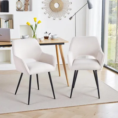 Produktbild von DITAIX 2er Set Esszimmerstühle - Ergonomische Velours Stühle mit Armlehnen, Cremeweiß