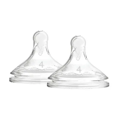 Two clear baby bottle nipples are shown against a white background.
