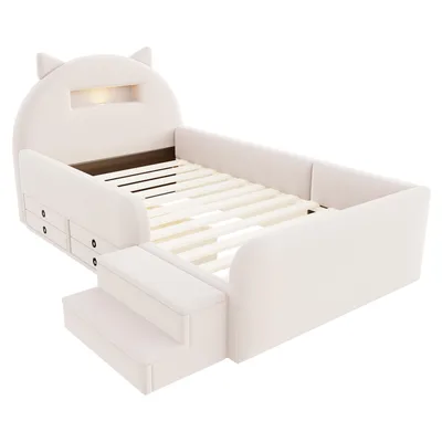 Produktbild von Merax Polsterbett Kinderbett 90x200cm mit 4 Schubladen, Ohr-Kopfteil mit USB und Nachtlicht, Einzelbett aus Samt mit abnehmbare Fußbank, Beige