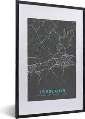 Produktbild von MuchoWow® Gerahmtes Poster Deutschland - Blau - Iserlohn - Stadtplan - Karte 40x60 cm - Poster mit Schwarzem Bilderrahmen Wandposter Rahmen Foto Bilder - Poster in Rahmen