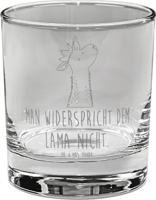 Produktbild von Mr. & Mrs. Panda Whiskeyglas Lamakopf König - Transparent - Geschenk, Spirituosenglas, Whiskyglas, Whiskey Tumbler, Glas, Abitur, Lama, Lamas, Papa, Mama, Gravur