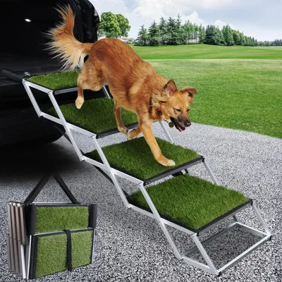 Image de Escalier pour chien, pliable, avec surface en gazon synthétique antidérapante, aide à l'accès pour les chiens, réglable en hauteur, jusqu'à 80 kg, 4 marches, 64-68 cm