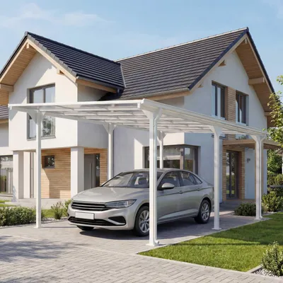 Obrázok produktu pre Hliníkový prístrešok pre auto HWC-O23, prístrešok pre garáž, 10 cm rám, polykarbonátová strecha, dažďový žľab, 3x6 m ~ biela