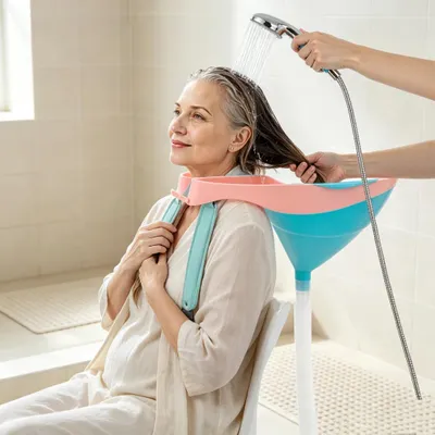 Produktbild von Shampoo-Waschbecken - Tragbare Haarwaschwanne - TPE-Nackenstütze - Faltbar - Für ältere, behinderte und bettlägerige Personen - Blau