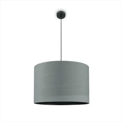 A gray drum pendant light hangs from a black cord against a white background.