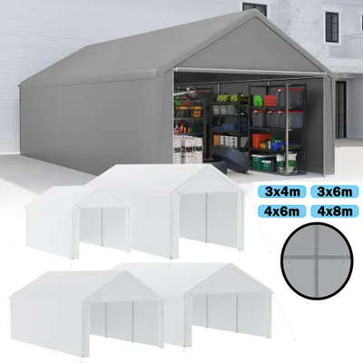 A large gray storage tent is shown with its interior filled with shelves and various items. Below it, three smaller white tents are displayed in a row. To the right, there are colored buttons with dimensions and a circular diagram.
