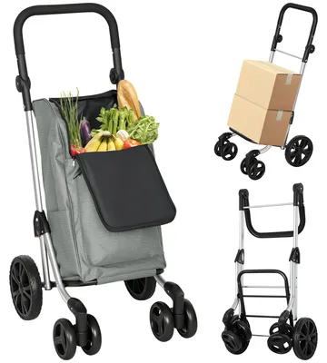 Image de HOMCOM, chariot de courses pliable en aluminium avec roues, sac de 46 litres, compartiment réfrigérant, poignée réglable, couleur gris