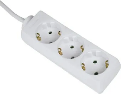 A white power strip with three outlets and a white cord against a white background.