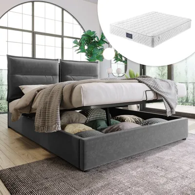Produktbild von okwish Polsterbett 140x200, hydraulisches Doppelbett, moderner Metalllattenrost, verstellbares Kopfteil, großer Stauraum, Samt, grau (mit Matratze)
