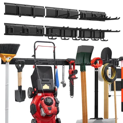 Produktbild von VEVOR Gerätehalter Wandhalterung Werkzeughalter 2514,6mm 544kg Tragkraft, Zur Wandmontage, Kohlenstoffstahl, 6 Schienen & 16 Haken, Mit Schrauben & Dübeln, Werkzeugorganizer für Garage Keller Garten