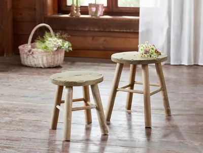 Produktbild von 2 Hocker Holz rund rustikal – Blumenhocker, Sitzhocker
