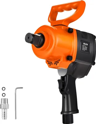A studio shot of an orange and black pneumatic impact wrench with accessories on a white background.