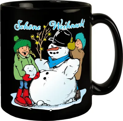 Produktbild von Schneemann Tasse in Schwarz mit Spruch: Schöne Weihnacht