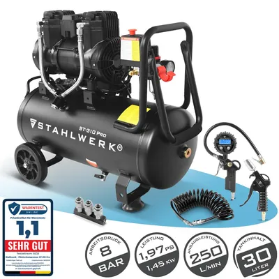 Produktbild von STAHLWERK Kompressor mit 30 L Tank (ST-310 Pro) mit Zubehör – ölfrei, 10 bar, Druckluftkompressor mit Brushless-Motoren, 1,97 PS, 1,45 kW, 250 l/min