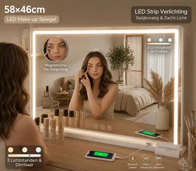 Productafbeelding van OMNIEXA LED Make-up Spiegel 58×46cm – LED Strip – 3 Lichtkleuren – Dimbaar – USB-C & USB-A – 10× Vergrootspiegel – Wit, AI-gegenereerde afbeelding
