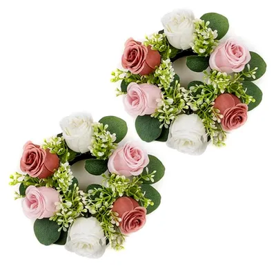 Produktbild von 2 Stück Kerzenringe mit künstlichen Rosen für Hochzeiten und Tischdekoration