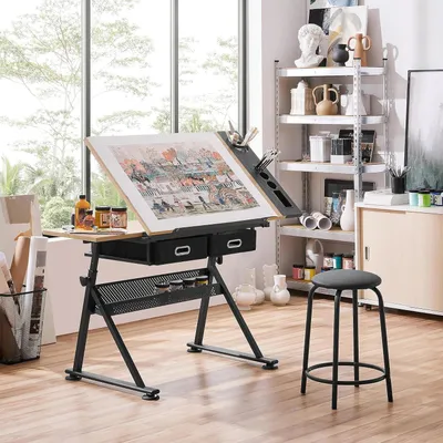Produktbild von Verstellbare Architekturtisch mit Tischplatte, Schreibtisch für Studenten mit Hocker und Schubladen, höhenverstellbarer Arbeitstisch für Techniker und Architekten