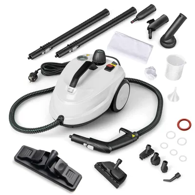 A white steam cleaner with various accessories laid out around it on a white background.